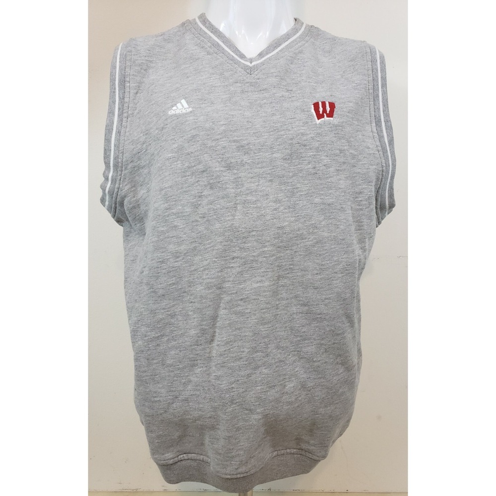 Adidas Golf Mens M Wisconsin Badge Sleeveless Pullover Sweater Vest Cotton Gray